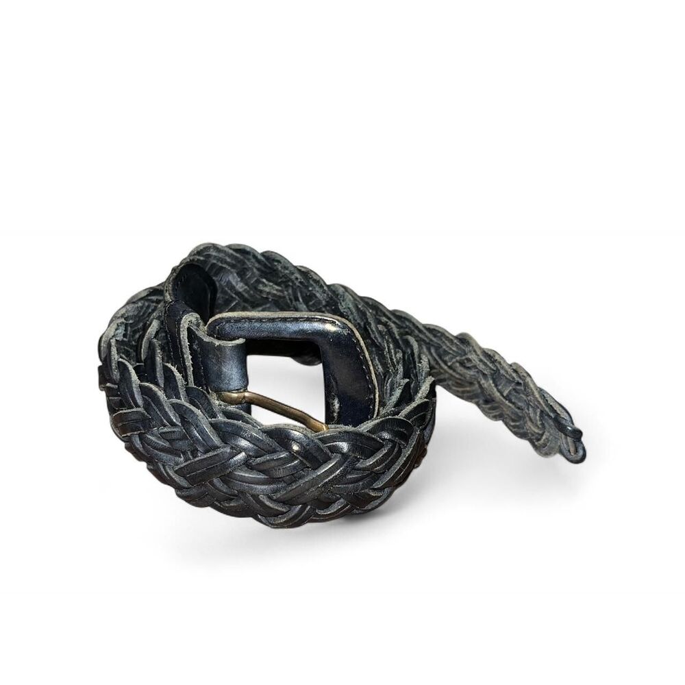 Vtg 90s Nordstrom Black braided real leather belt with silver toned  buckle